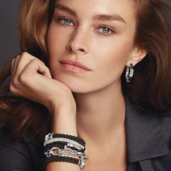 Silver<LAGOS Ceramic Beaded Diamond Hoop Earrings