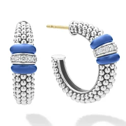 Silver<LAGOS Ceramic Caviar Diamond Hoop Earrings