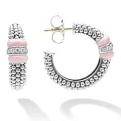 Silver<LAGOS Ceramic Caviar Diamond Hoop Earrings