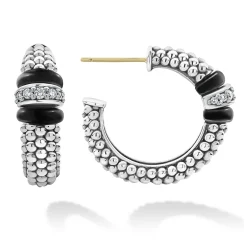 Silver<LAGOS Ceramic Caviar Diamond Hoop Earrings