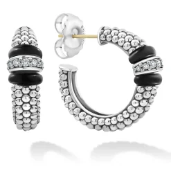 Silver<LAGOS Ceramic Caviar Diamond Hoop Earrings