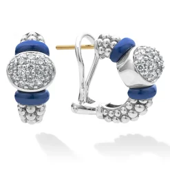 Silver<LAGOS Diamond Oval Ceramic Hoop Earrings