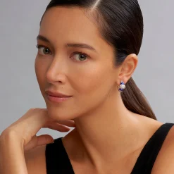 Silver<LAGOS Diamond Oval Ceramic Hoop Earrings