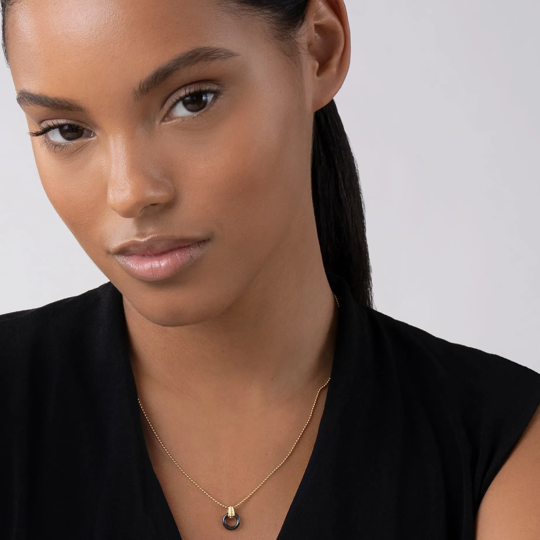 Gold<LAGOS 18K Gold Black Ceramic Circle Pendant Necklace