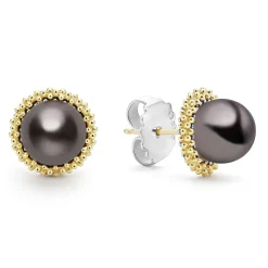 Two-Tone<LAGOS 18K Gold Tahitian Black Pearl Stud Earrings